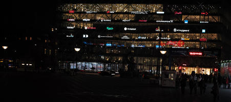 artificial lighting, Copenhagen , Denmark, diffuse, diffused light, eye level view, Kobenhavn, night, shopfronts, shopping centre, sign