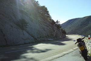 autumn, bright, day, eye level view, France, motorcycle, mountain, Provence Alpes Cote D