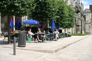 bin, cafe, Champagne-Ardenne, city, day, eye level view, France, group, people, street, summer, sunny, Troyes