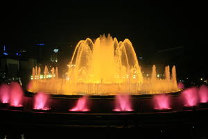 artificial lighting, Barcelona, Cataluña, eye level view, fountain, night, outdoor lighting, Spain