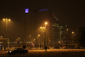 artificial lighting, eye level view, night, Poland, Poznan, snow, street, Wielkopolskie