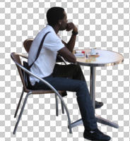 African, black, casual, cutout, cutout men, cutout people, day, diffuse, diffused light, eye level view, male, man, side, sitting, summer