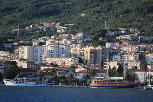 boat, Croatia, day, eye level view, ferry, Makarska, seascape, Splitsko-Dalmatinska, summer, town, tree, vegetation