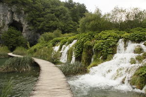 bridge, Croatia, day, decking, diffuse, diffused light, eye level view, Karlovacka, lake, natural light, plant, reed, shrub, summer, waterfall