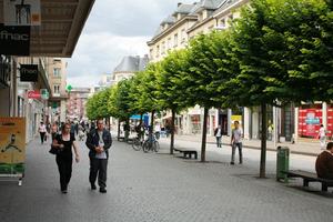 Amiens, bench, bicycle, couple, day, eye level view, France, overcast, people, Picardie, retail, shop, shopping, street, tree, walking