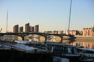 afternoon, boat, bridge, building, day, England, eye level view, London, residential, The United Kingdom, transport, winter, winter