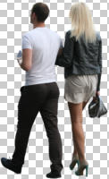 ambient light, back, casual, caucasian, couple, cutout, cutout couples, cutout people, day, eye level view, summer, walking