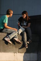 Belgium, Brussels, couple, dusk, eye level view, girl, man, people, sitting, summer