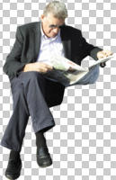 caucasian, cutout, cutout men, cutout people, day, eye level view, formal, front, male, man, reading, sitting, spring, sunny