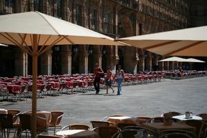 cafe, Castilla y Leon, chair, day, eye level view, furniture, group, people, plaza, Salamanca, Spain, summer, sunlight, sunny, sunshine, table