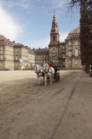 bell-tower, building, carriage, Copenhagen , day, Denmark, eye level view, horse, Kobenhavn, square, sunny, winter