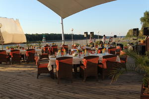 afternoon, Bulgaria, eye level view, restaurant, Ruse, summer, sunlight, sunset, sunshine, table, terrace