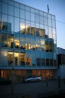 architecture, artificial lighting, building, car, dusk, England, eye level view, facade, glass, London, office, The United Kingdom, urban