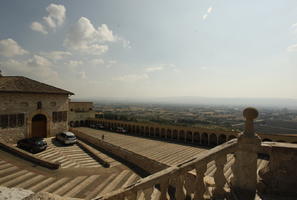 Assisi, cloud, Cumulonimbus, day, elevated, eye level view, Italia , pattern, paving, sky, square, stair, stone, summer, sunlight, sunny, sunshine, Umbria, valley, village