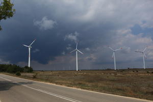 Bulgaria, day, eye level view, field, overcast, road, Varna, wind turbine