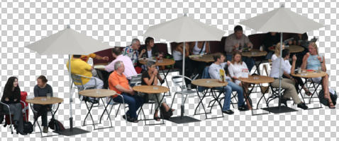 cafe, casual, caucasian, cutout, cutout groups, cutout people, day, elevated, furniture, group, natural light, people, sitting, summer, umbrella