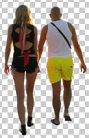 back, casual, caucasian, couple, cutout, cutout couples, cutout people, day, eye level view, summer, sunny, walking