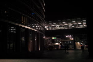 artificial lighting, building, building, city, cityscape, England, eye level view, London, night, pavement, pavement, station, The United Kingdom, winter