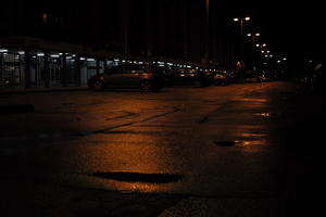 artificial lighting, car, car park, city, Croatia, eye level view, night, spring, street, urban, wet, Zadar, Zadarska