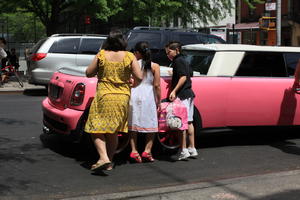 boy, car, day, eye level view, girl, group, Manhattan, New York, people, street, sunny, The United States, woman