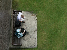 above, architecture, bench, couple, day, England, garden, grass, London, object, people, reading, sitting, The United Kingdom, vegetation, wall