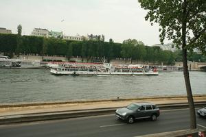 boat, car, elevated, France, Ile-De-France, overcast, Paris, river, road, spring, transport, tree, vegetation