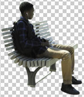 African, bench, black, black and minority ethnic, casual, cutout, cutout men, cutout people, day, direct sunlight, eye level view, male, man, side, sitting, Sub-Saharan African, summer, sunny