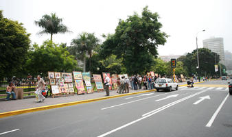 ambient light, autumn, building, car, cloudy, day, diffuse, diffused light, eye level view, Lima, Lima, natural light, overcast, painting, palm, people, Peru, road, standing, tree