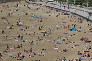 Aquitaine, beach, Biarritz, day, elevated, France, people, spring, sunbathing, sunlight, sunny, sunshine