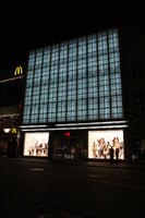 3-point perspective, artificial lighting, Belgium, Brussels, building, eye level view, facade, glass, night, retail, summer