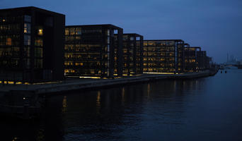 artificial lighting, canal, Copenhagen , Denmark, diffuse, diffused light, elevated, facade, Kobenhavn, night, office building