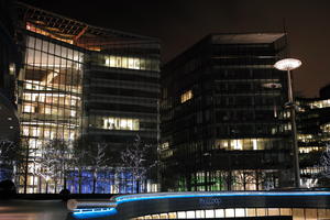 artificial lighting, building, city, city lights, decoration, England, eye level view, facade, Liverpool, night, office building, outdoor lighting, The United Kingdom, urban