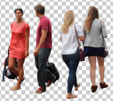 ambient light, back, casual, caucasian, cutout, cutout groups, cutout people, day, eye level view, group, walking