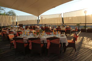 afternoon, Bulgaria, eye level view, restaurant, Ruse, summer, sunlight, sunset, sunshine, table, terrace