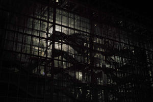 artificial lighting, below, eye level view, facade, glass, Italia , Lazio, night, Rome, stair, structure