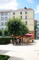 cafe, chair, Champagne-Ardenne, city, day, eye level view, France, furniture, group, people, summer, sunny, tree, Troyes