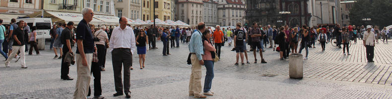 casual, day, diffuse, diffused light, eye level view, group, Hlavni Mesto Praha, natural light, people, Prague, standing, street, summer, The Czech Republic, walking