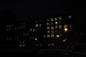 artificial lighting, building, building, England, eye level view, housing block, London, night, residential, The United Kingdom, winter