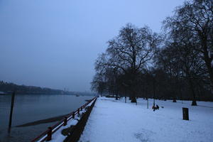 Battersea park, England, evening, eye level view, London, park, river, snow, The United Kingdom, tree