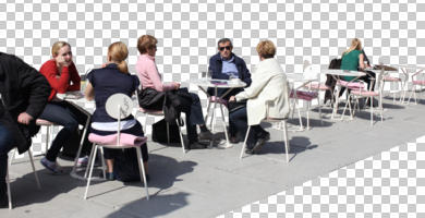 cafe, caucasian, cutout, cutout groups, cutout people, day, eye level view, group, people, sitting, sunny