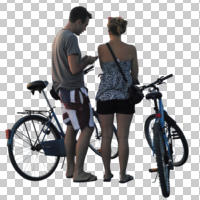 back, casual, caucasian, couple, cutout, cutout couples, cutout people, cycling, day, diffuse, diffused light, eye level view, standing, summer