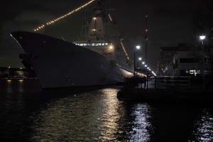 artificial lighting, England, eye level view, London, night, reflected, river, ship, The United Kingdom