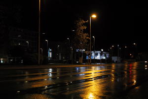 artificial lighting, city, Croatia, eye level view, night, petrol station, spring, street, street light, urban, wet, Zadar, Zadarska