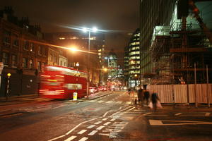 artificial lighting, bus, effect, England, eye level view, London, night, street, The United Kingdom, transport