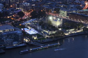 aerial view, artificial lighting, city, city lights, diffuse, diffused light, England, evening, London, river, The United Kingdom, urban, winter