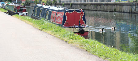 boat, canal, day, England, eye level view, London, path, spring, sunny, The United Kingdom