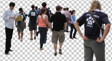 back, casual, cutout, cutout groups, cutout people, day, diffuse, diffused light, eye level view, group, summer, walking