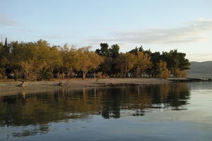 autumn, Croatia, deciduous, diffuse, diffused light, eye level view, lake, sunset, treeline, Zadar, Zadarska