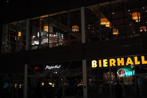 artificial lighting, eye level view, facade, Lodz, Lodzkie, night, Poland, restaurant, sign, winter