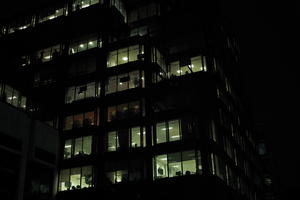 artificial lighting, below, building, city, cityscape, England, London, night, office, The United Kingdom